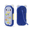 A blue musical teether phone toy with light-up features and a purple cord is shown on a white background.