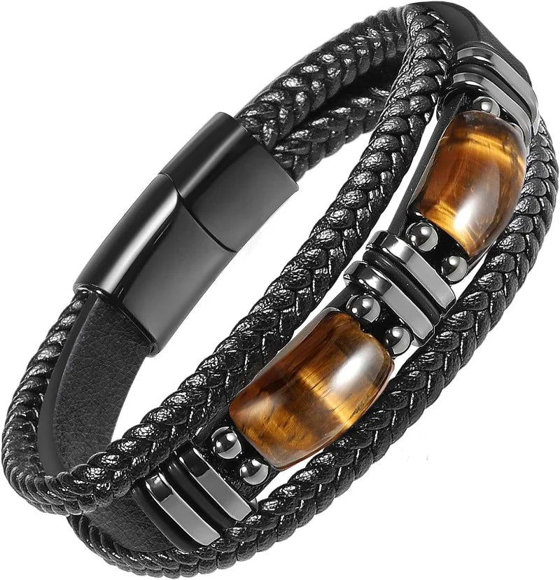 Tiger Eye & Black Leather Men's Bracelet