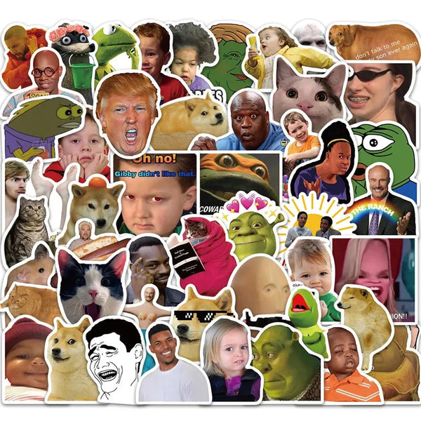 Colección de pegatinas meme divertidas con personajes de personas y animales.