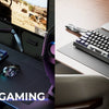 A split image showing a compact aluminum mechanical keyboard in a gaming setup and an office setting.
