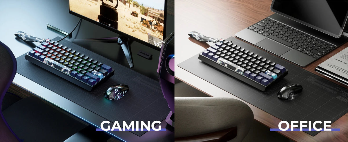 A split image showing a compact aluminum mechanical keyboard in a gaming setup and an office setting.