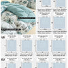 Sizing reference chart showing dimensions for ME, US, and EU bed sizes including duvet covers and pillow sham sets.