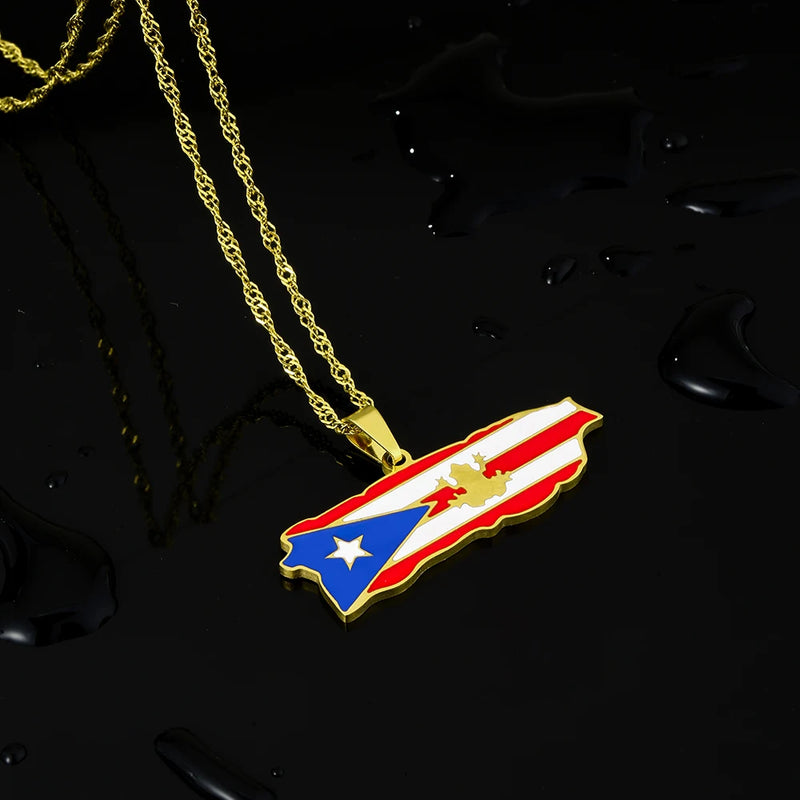 Stainless Steel Puerto Rico Map Pendant Necklace
