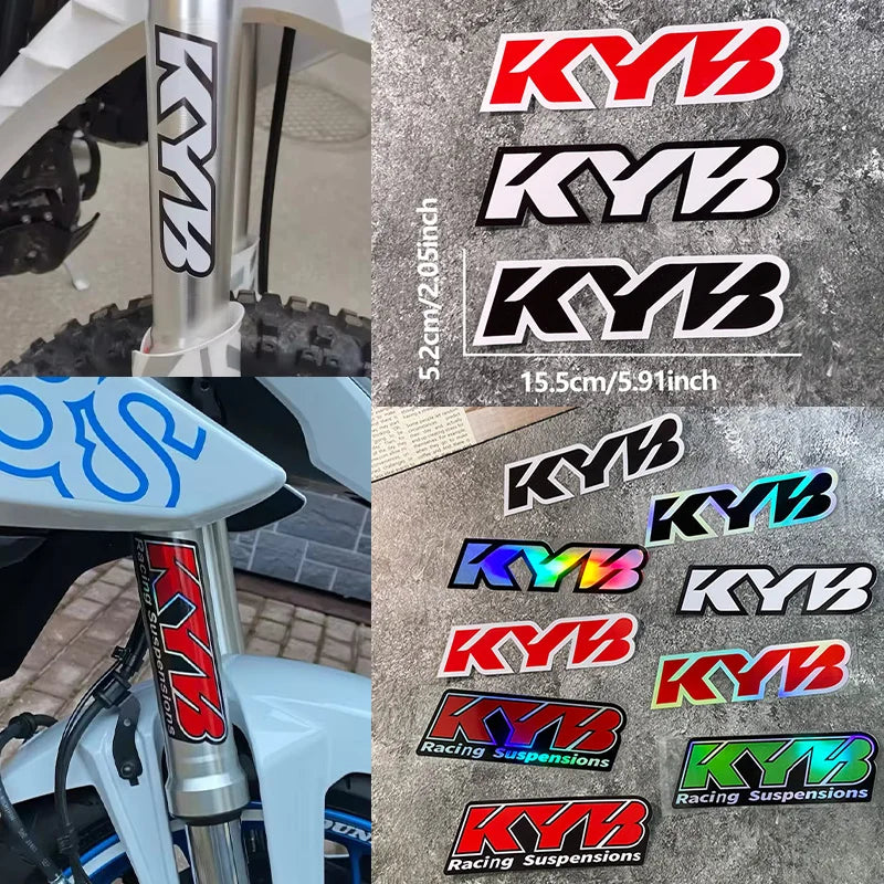 Collection of various KYB motocross motorcycle fork stickers in red, black, white, and blue colors