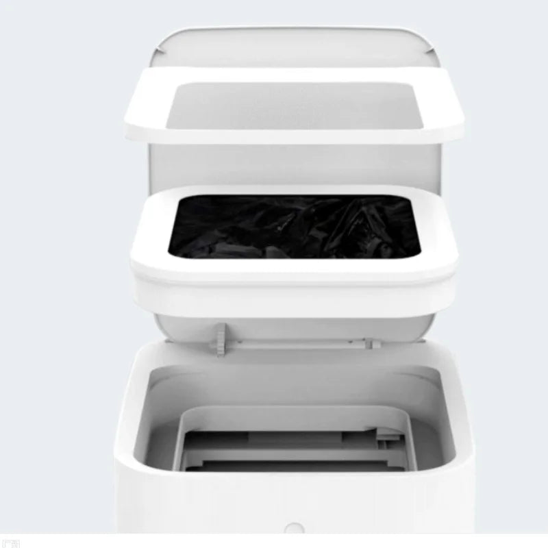 White replacement refill rings for a smart kitchen trash can with an open lid.