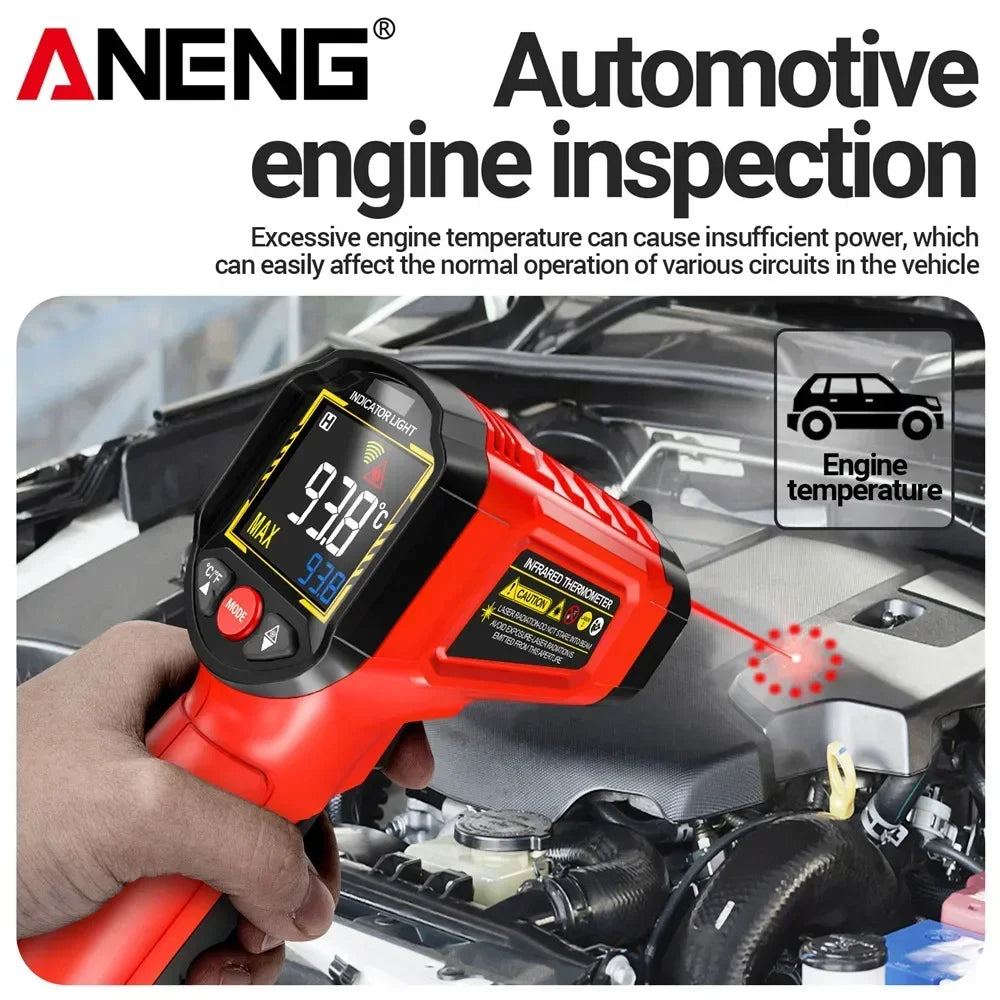 A hand holds a red infrared thermometer measuring the engine temperature of a vehicle.