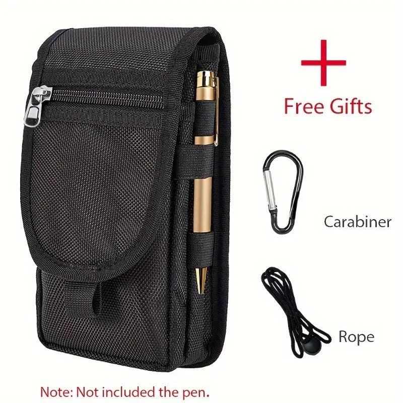 Pochette ceinture noire multifonctionnelle avec stylo, mousqueton et corde