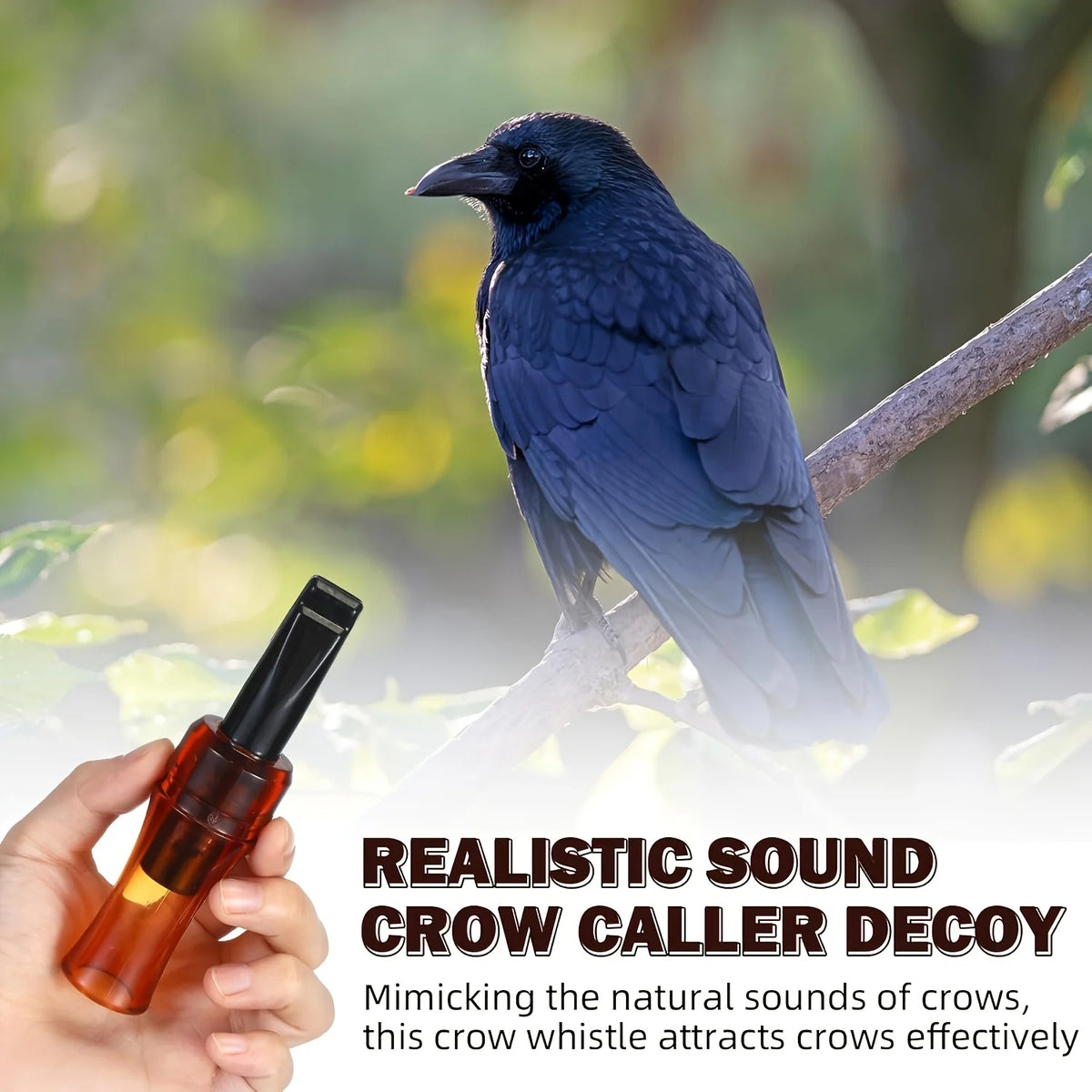 A hand holds a brown glass whistle designed to mimic the sounds of crows for bird attraction.