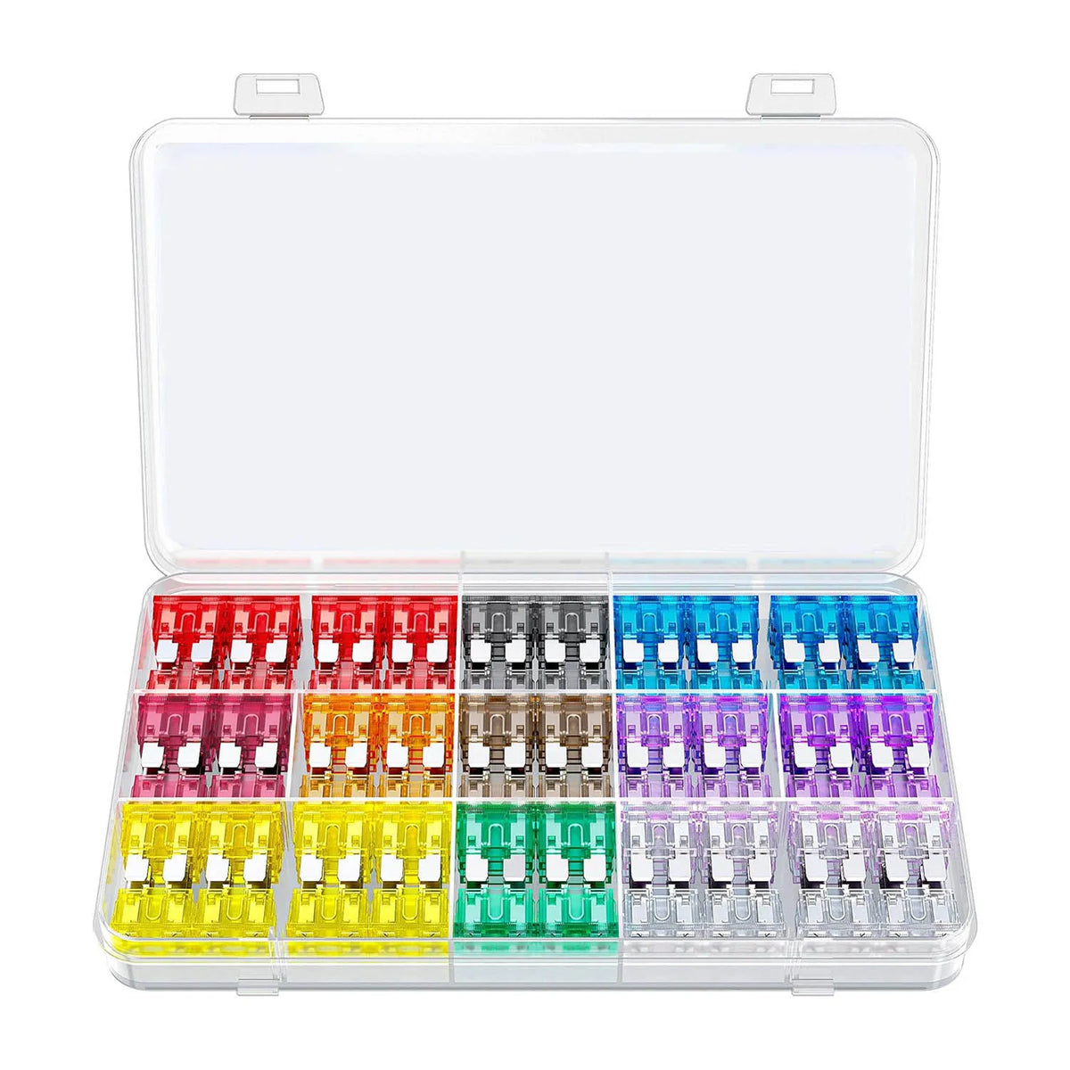 A clear storage case containing a complete 306-piece standard car fuse assortment kit with various fuses and a test light.
