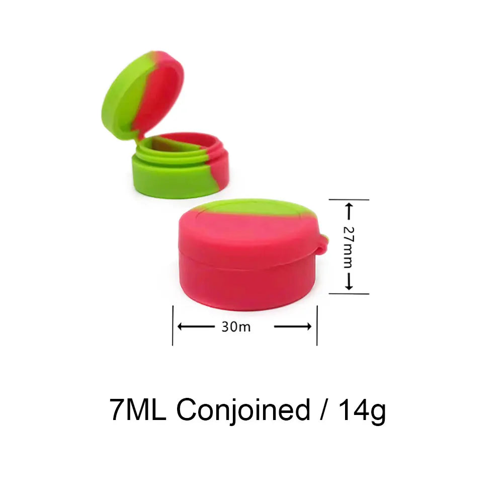 A pink silicone travel jar with a green lid and a lime green cap, shown with dimensions.