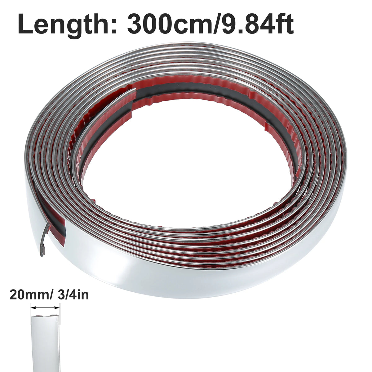 A roll of chrome car door edge guard trim strip measuring 300cm or 9.84ft long, with a 20mm thick profile.