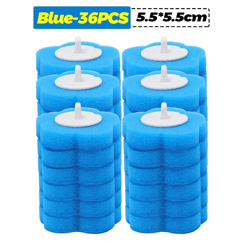 Set of 36 blue disposable toilet brush replacement heads with a 5.5x5.5cm size