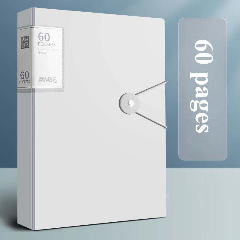 A white A4 expanding file organizer with clear pocket dividers and a transparent cover showing 60 pockets.
