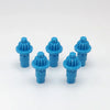 A set of five blue plastic replacement drivers for a battling top, packaged together.