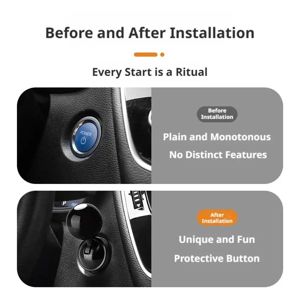 Before and after installation comparison showing a car button modification from plain to unique with a protective button desi