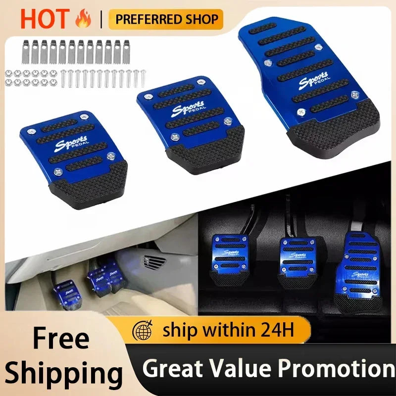 Blue sports pedal covers and aluminum pedal covers shown with various sizes and installation examples.