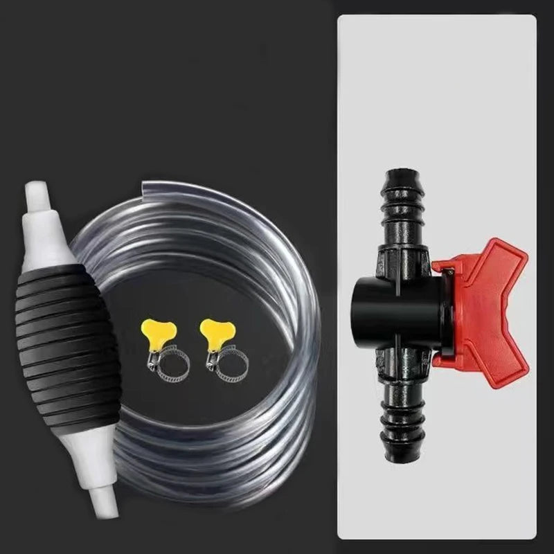 A portable siphon pump kit showing a black and white nozzle, a clear hose, and a red flow control valve.