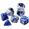 A set of seven polyhedral dice featuring blue and white marbled patterns.