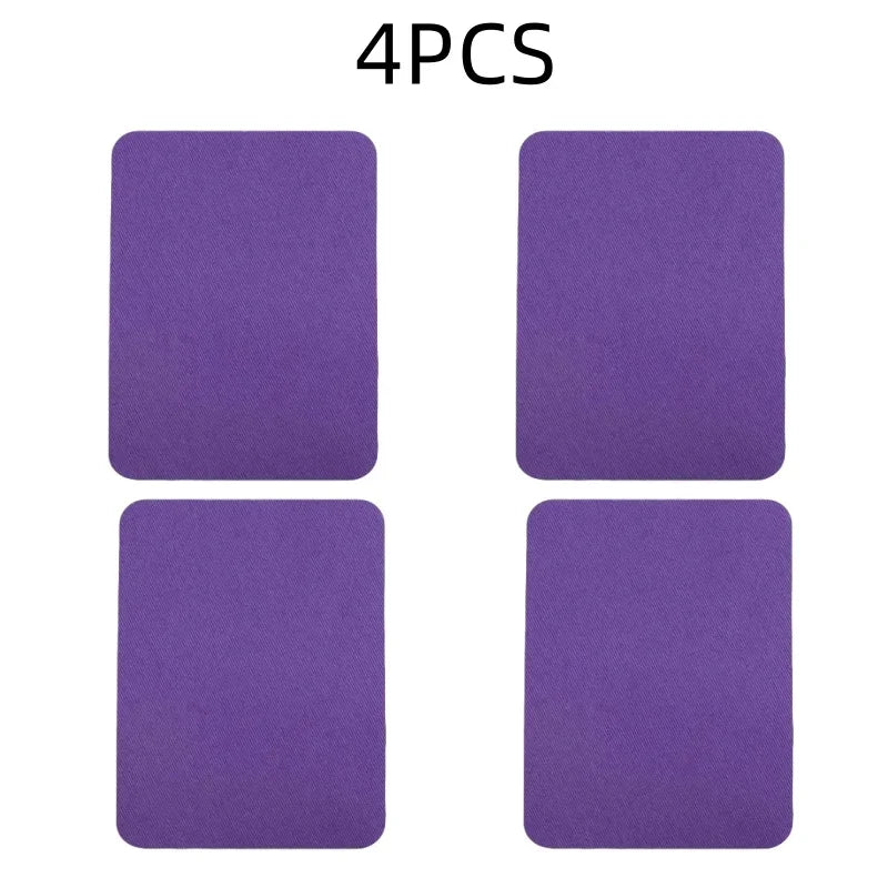Four purple iron-on fabric patches are displayed against a white background.