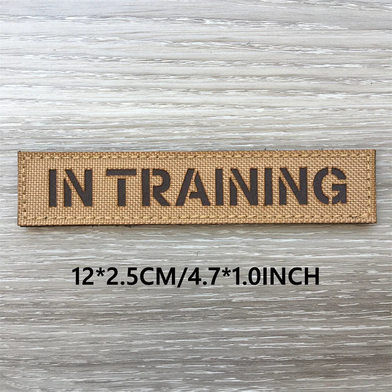 A brown woven patch with the text IN TRAINING is displayed on a wooden surface.
