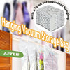 A hanging vacuum storage bag filled with clothes, demonstrating a space-saving method for storage.