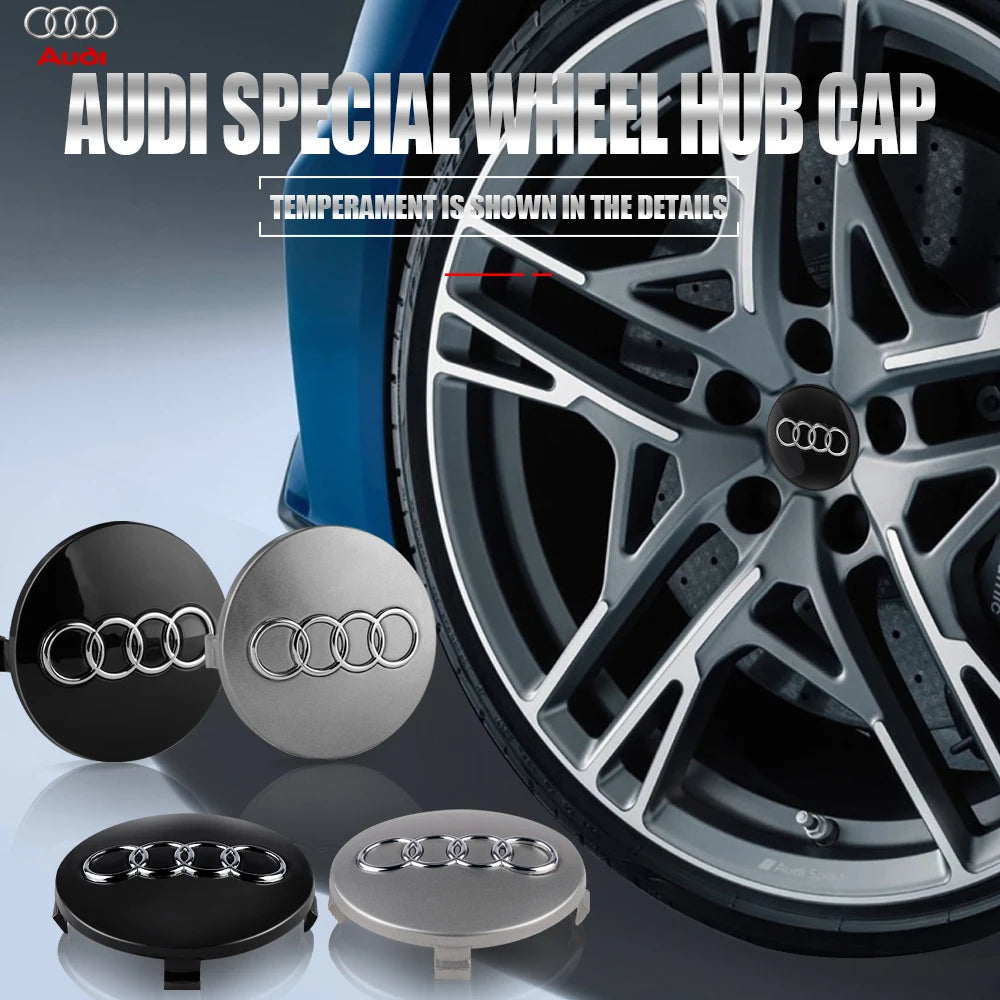 Close-up view of an Audi special wheel hub cap and decorative wheel covers on a car rim.