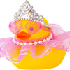 A rubber duck decoration featuring a princess crown, sunglasses, and a pearl necklace.