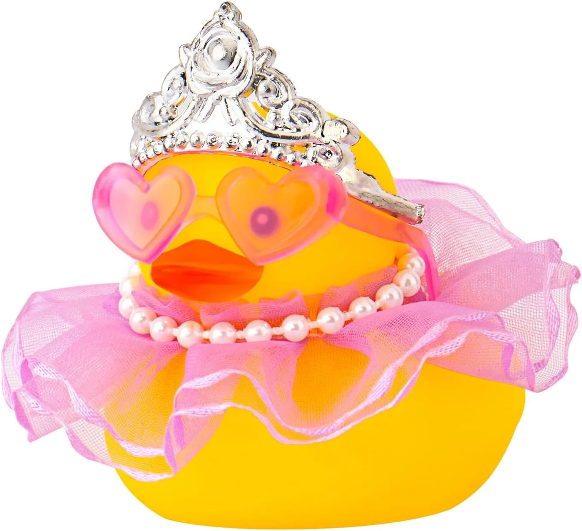 A rubber duck decoration featuring a princess crown, sunglasses, and a pearl necklace.