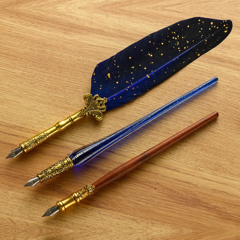 A vintage calligraphy fountain pen set featuring a dark blue feather pen and a wooden pen with a gold nib, displayed on a woo
