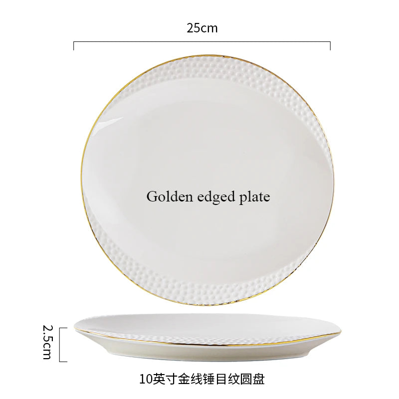 Golden edged plate and soup bowl set featuring white porcelain ceramic tableware