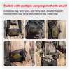 A waterproof tactical waist bag is shown being carried in various methods including a crossbody bag, fanny pack, and shoulder