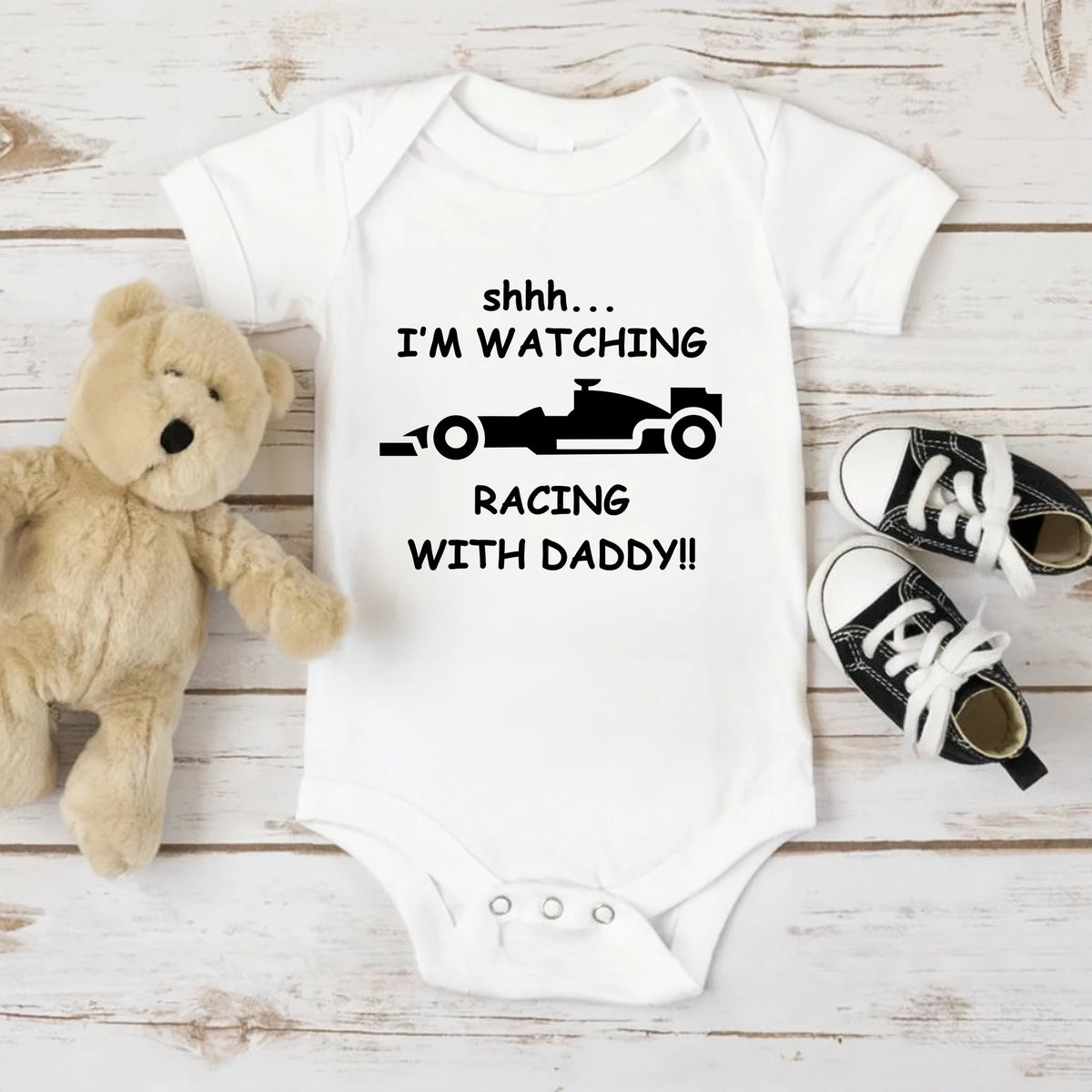 Funny Racing Baby Bodysuit - 'Watching Racing with Daddy' Newborn Romper