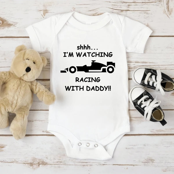 Funny Racing Baby Bodysuit - 'Watching Racing with Daddy' Newborn Romper