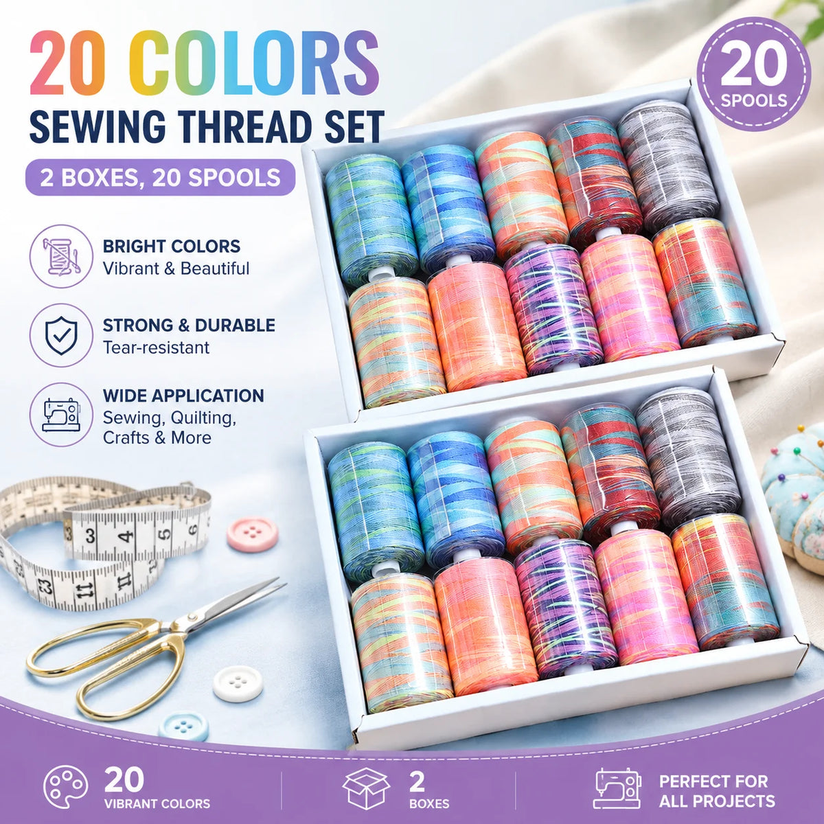 A set of 20 colorful sewing threads in 2 boxes, featuring bright colors for various projects.