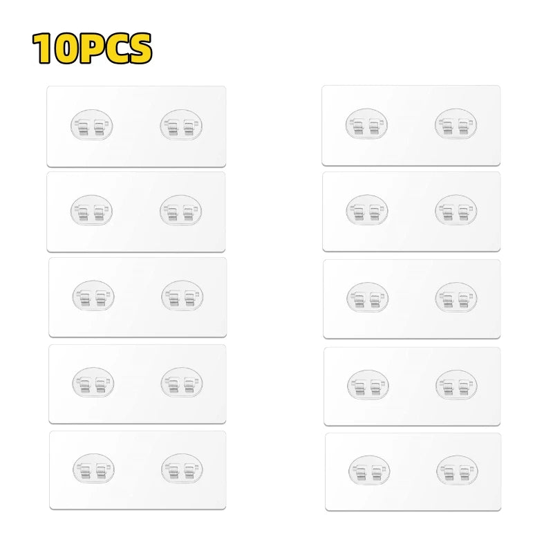 A set of ten pairs of no-drill adhesive hooks with strong grip for various applications.