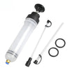A clear manual fluid extractor and injection pump with a long hose and a black nozzle.