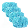 A stack of bright blue reusable microfiber mop pads for a Swiffer sweeper.