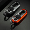 A close-up view of a metallic carabiner keychain with an orange and silver finish, showing its rotating lock mechanism.