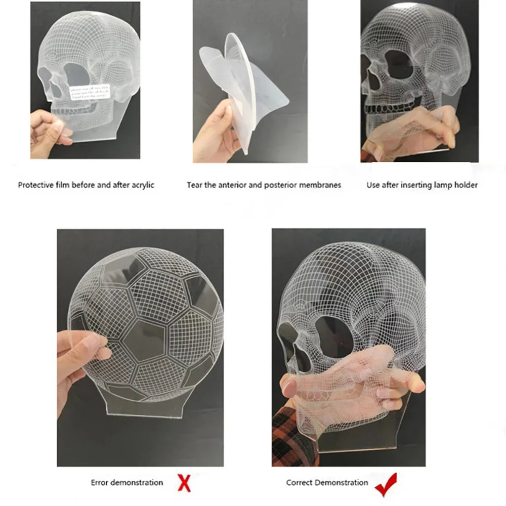 Demonstration of a 3D illusion sports night light with remote control showing protective film, membrane tear, and correct use
