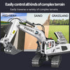 A white YIGONG remote controlled excavator traversing complex terrain like highway, sand, and grassland.