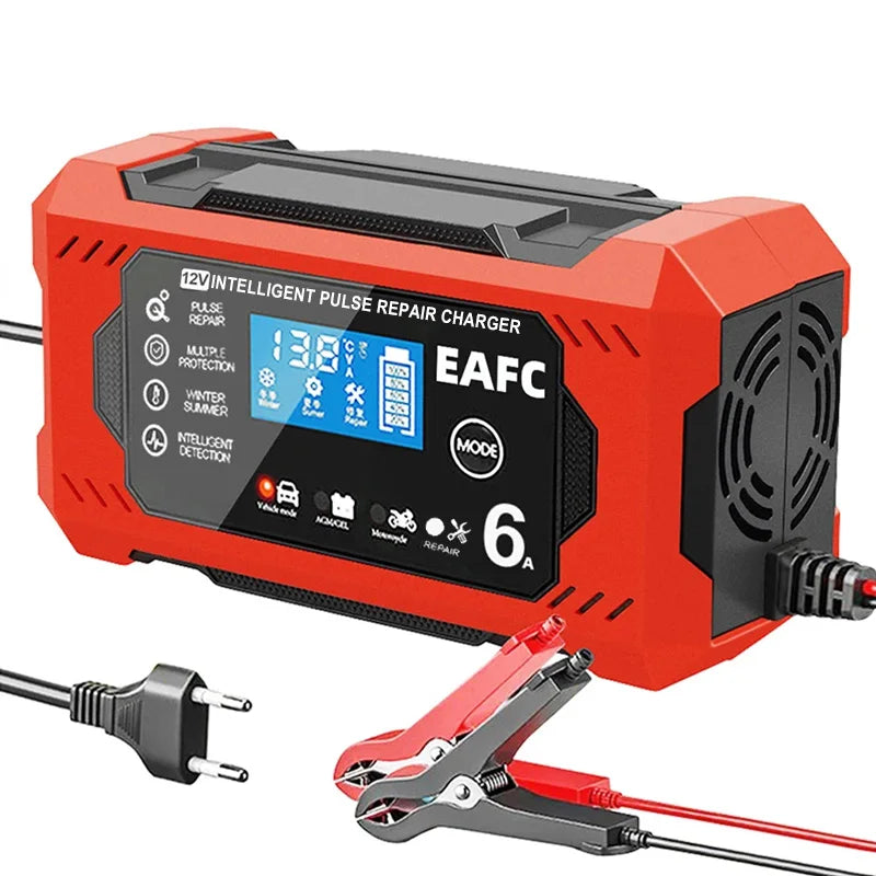 An orange and black intelligent pulse repair charger with an LCD display and clamp is shown.
