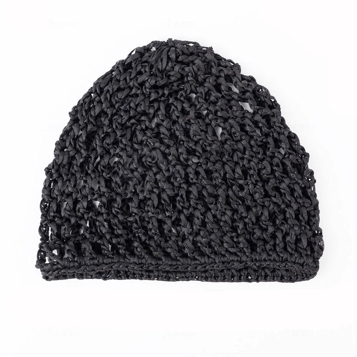 A close-up of a black mesh crochet hair net for sleeping and everyday wear.