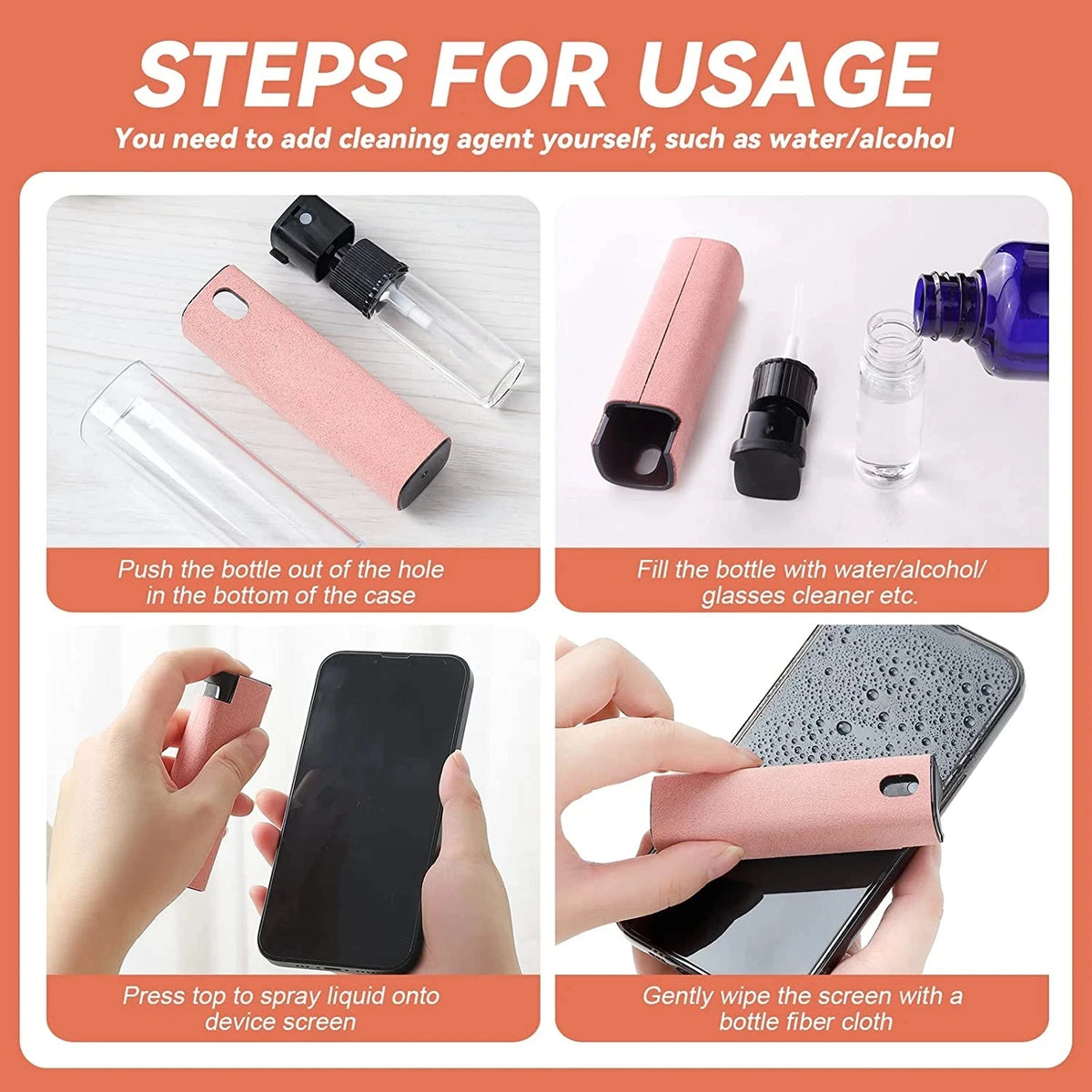 Steps for usage showing how to add cleaning agent and wipe a device screen with a bottle fiber cloth