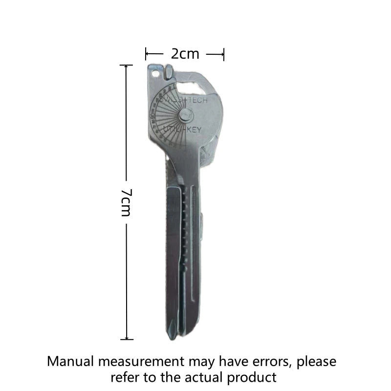 A silver multi-tool keychain with a blade and various tools is shown next to a measurement scale.
