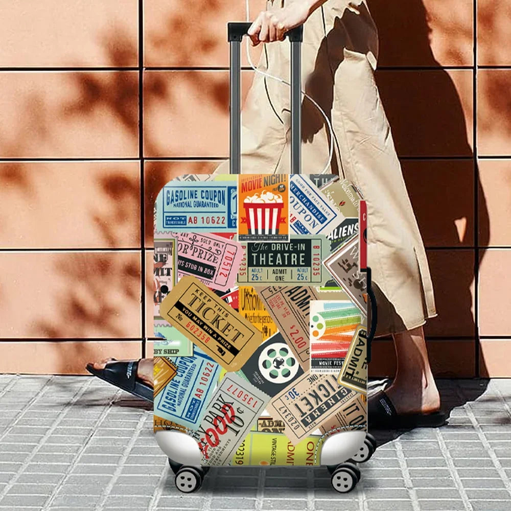 A person is pulling a suitcase protector cover with wheels outdoors against a textured wall.