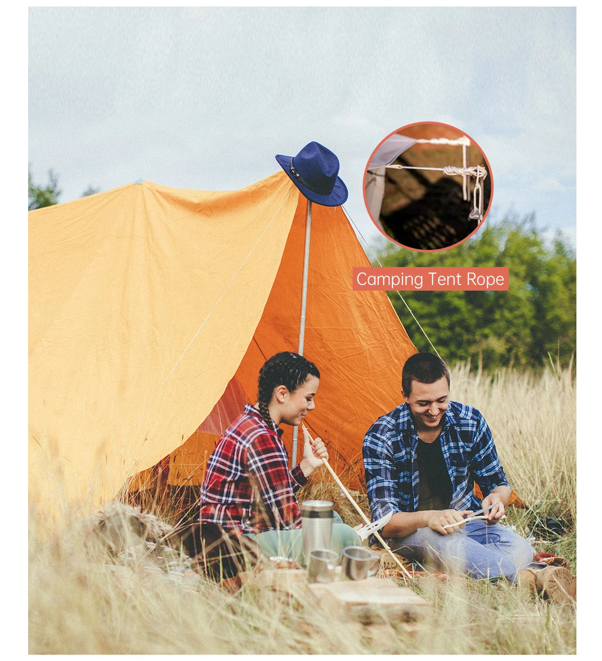 A man and a woman are sitting outside a yellow tent in a grassy field, with a close-up inset showing camping tent rope.