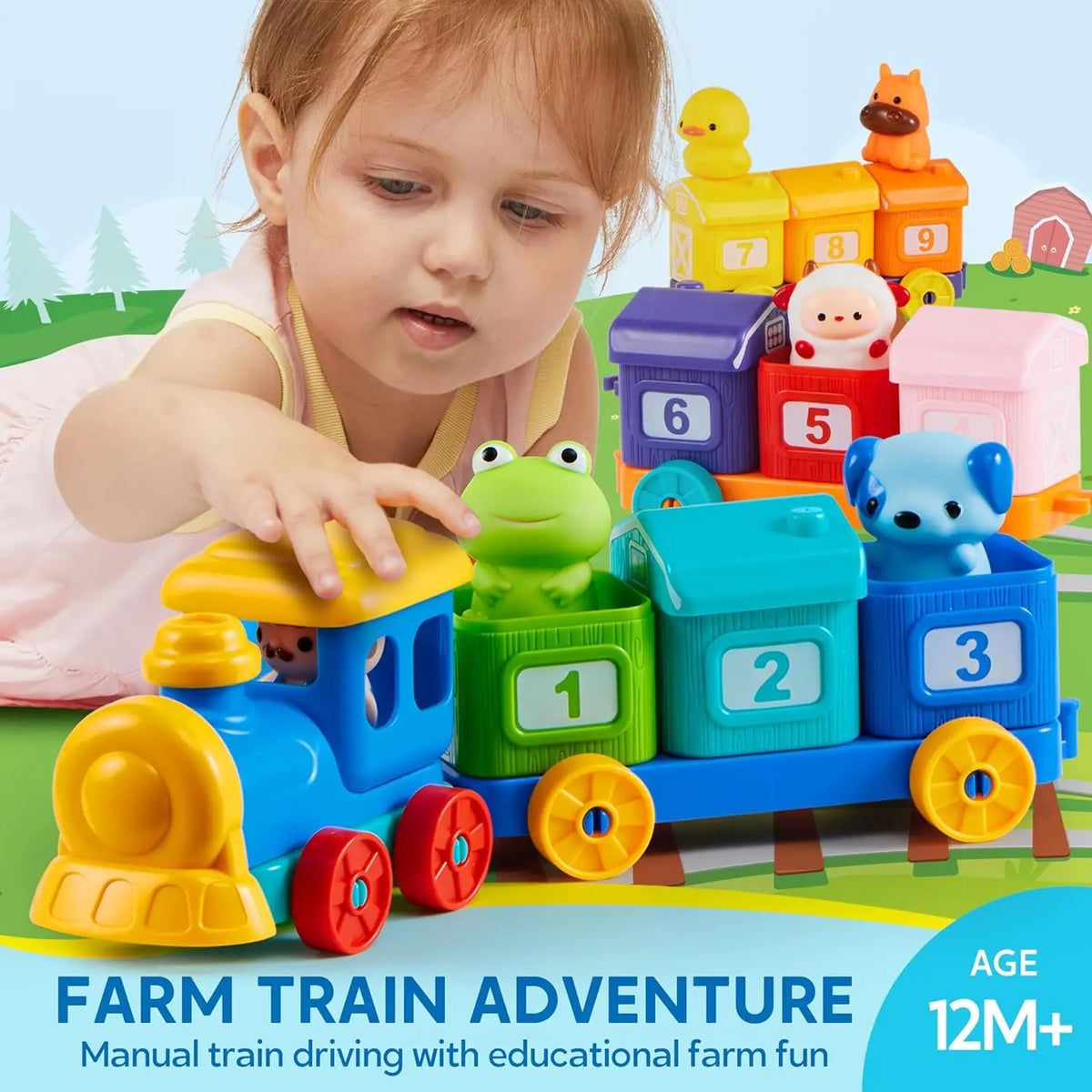 A young child is playing with a blue farm train toy featuring numbered blocks and animals.