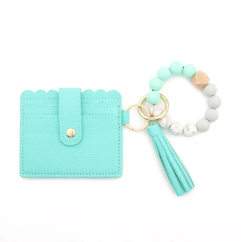 Silicone Bead Bracelet Leather Card Holder Wristlet