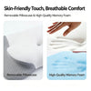 Close-up view of a white pillowcase and high-quality memory foam material demonstrating skin-friendly touch and breathability