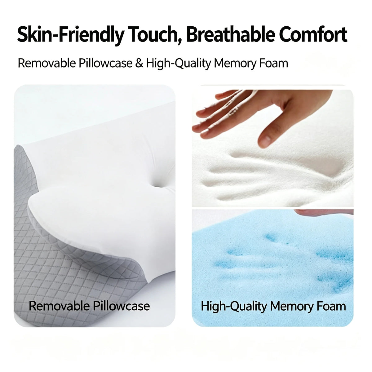 Close-up view of a white pillowcase and high-quality memory foam material demonstrating skin-friendly touch and breathability